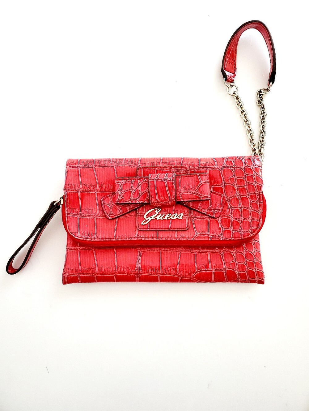 Guess Red Croc-Embossed Clutch with Bow
